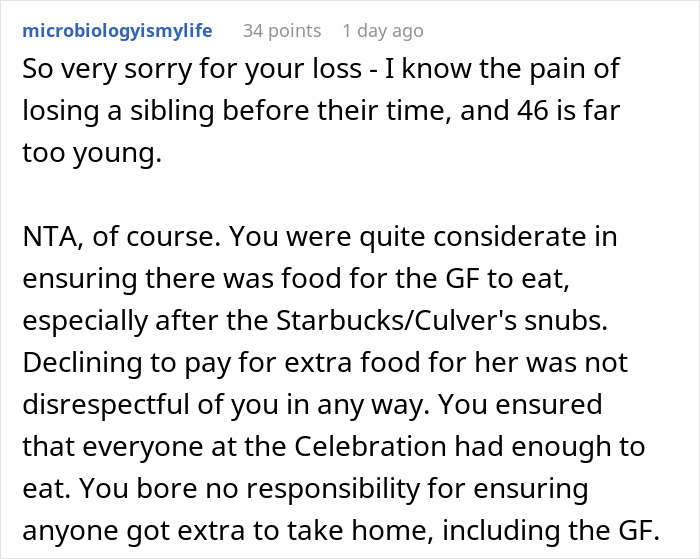 Text exchange discussing a sibling's loss, empathy, and a situation involving a privileged brother and meal costs. Text exchange discussing a sibling's loss, empathy, and a situation involving a privileged brother and meal costs.