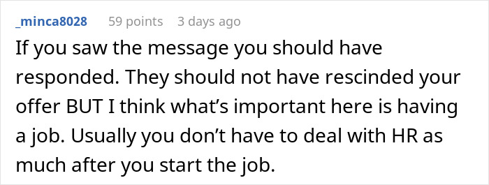 Screenshot of a Reddit comment discussing getting fired before starting a job and HR issues.