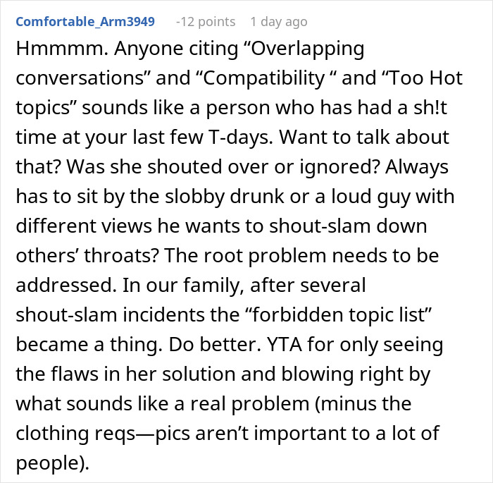Text discussing issues with family Thanksgiving rules and dynamics. Text discussing issues with family Thanksgiving rules and dynamics.