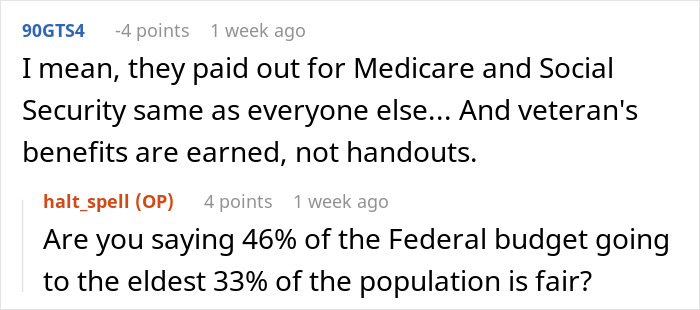 Text exchange discussing benefits like Medicare and Social Security versus federal budget allocation concerns.