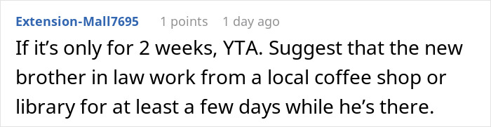 Text from a comment discussing rules for a guest staying at a sister's apartment.