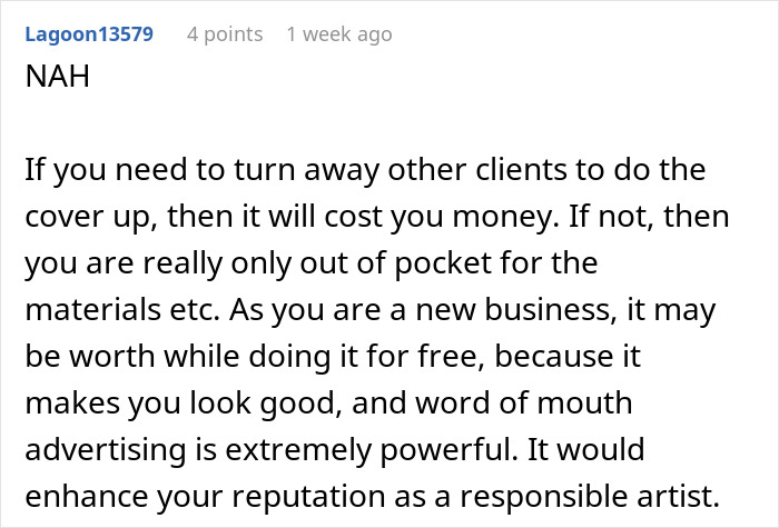 Text discussing the cost and benefits of tattoo cover-up for a new business.