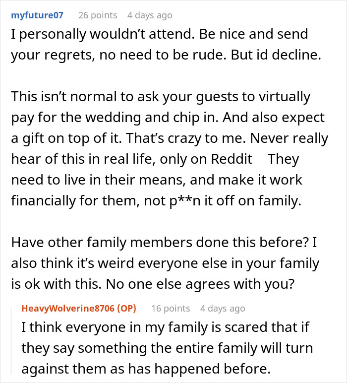 Reddit comments discussing a bride's "wedding tax" request, sparking controversy and financial concerns.