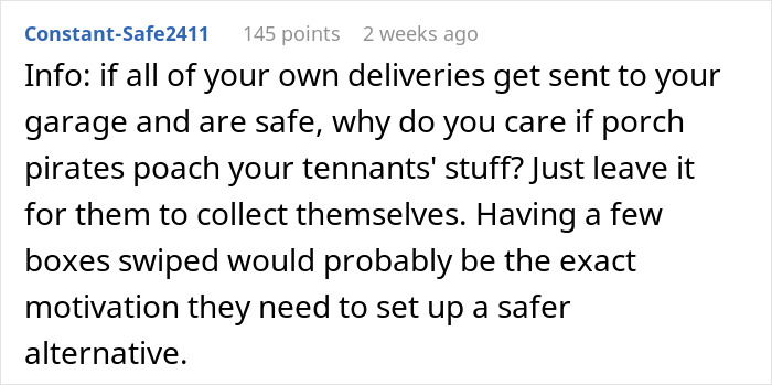 Comment discussing deliveries and porch pirates related to shopaholic tenants, suggesting a safer collection method.