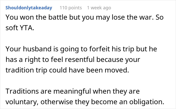 Reddit comment discussing family tradition and relationship balance in a "YTA" post.