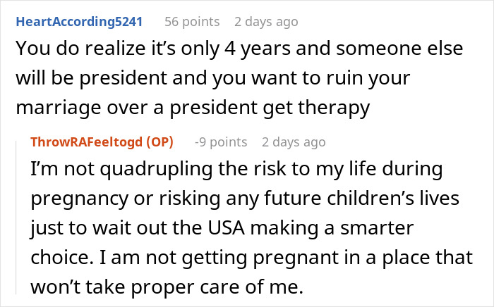 Reddit conversation about woman giving husband an ultimatum for starting a family, citing safety concerns.