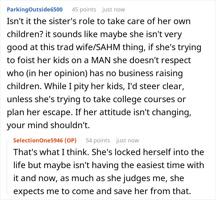 Reddit comments discussing a sister's judgmental attitude about childcare responsibilities. Reddit comments discussing a sister's judgmental attitude about childcare responsibilities.