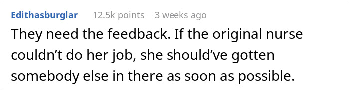 User comment about nurse fleeing due to spider tattoo, suggesting need for feedback.