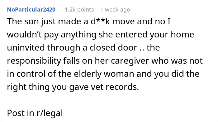 Text from a legal forum comment discussing a dog bite incident involving a house break-in and refusal to pay.