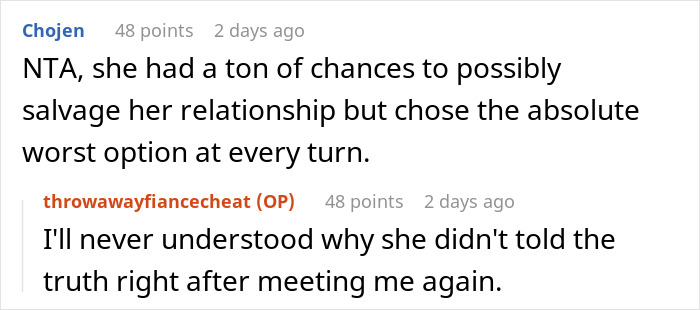 Reddit conversation where someone discusses a woman exposing a mistress's past.