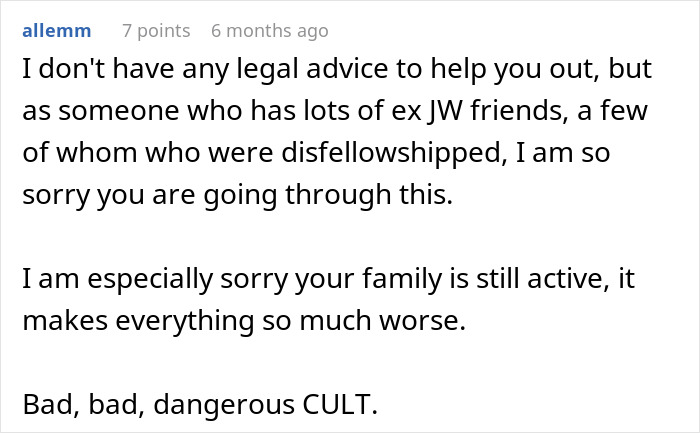 Reddit comment discussing ex-JW issues, mentioning a difficult situation involving family and calling it a cult. Reddit comment discussing ex-JW issues, mentioning a difficult situation involving family and calling it a cult.