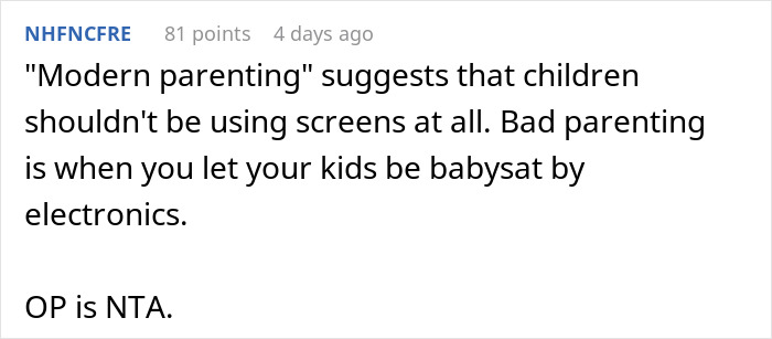 Reddit comment discussing modern parenting and electronic babysitting.