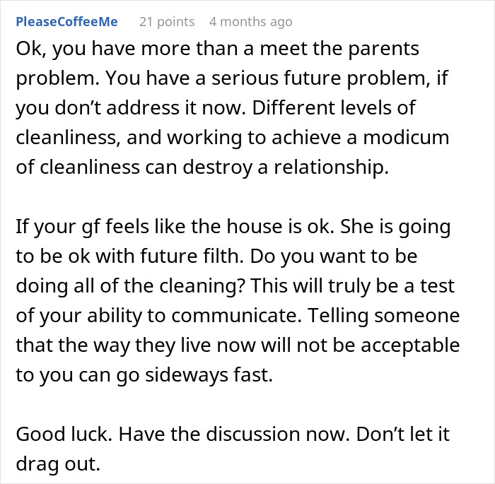 Text post offering advice on addressing cleanliness issues in a relationship. Text post offering advice on addressing cleanliness issues in a relationship.