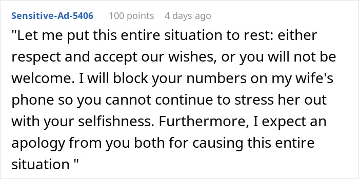 Online message discussing family boundaries regarding meeting a baby.