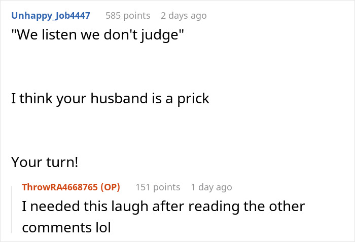 Screenshot of Reddit conversation about TikTok trend "We Listen And We Don&rsquo;t Judge" involving husband confessions.