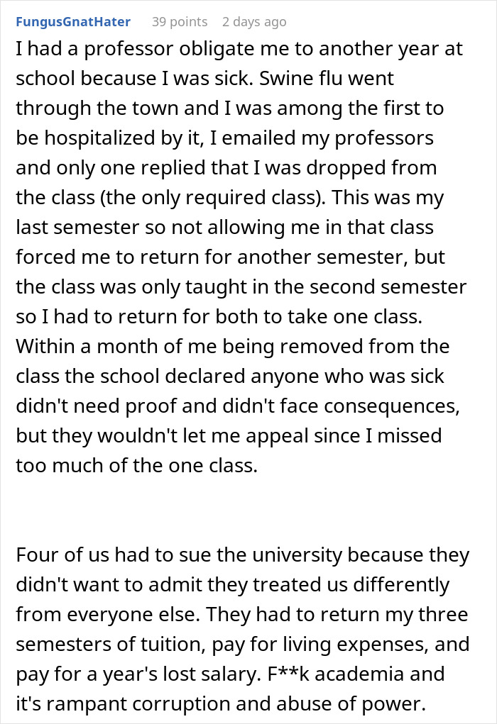College student defeats professor&rsquo;s unfair policies, leading to lawsuit and compensation from university.