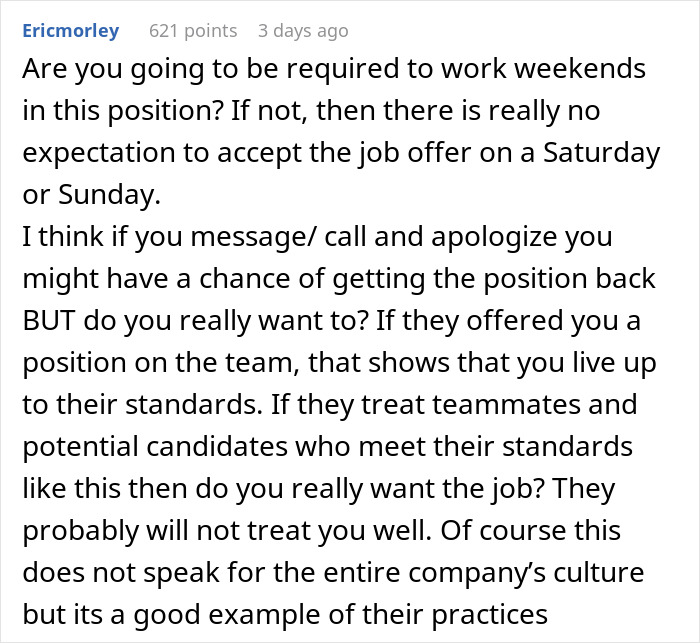 Text exchange discussing getting fired before starting and working weekends.