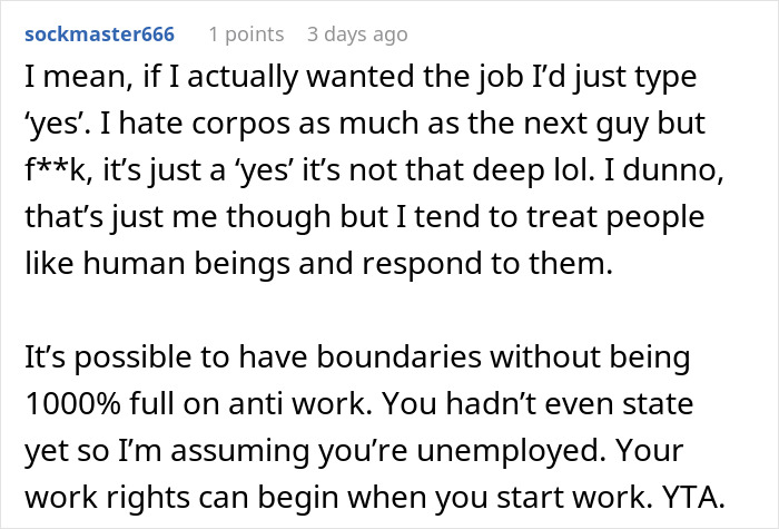 Reddit comment discussing work boundaries and job response etiquette.