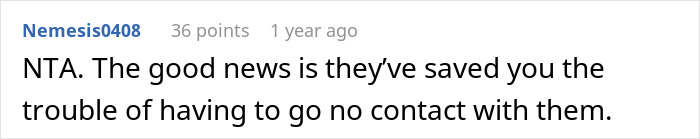 Reddit comment on wedding guest attire dispute, referencing going no contact.