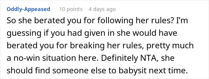 Comment discussing the need to find another babysitter after an incident with a nephew.
