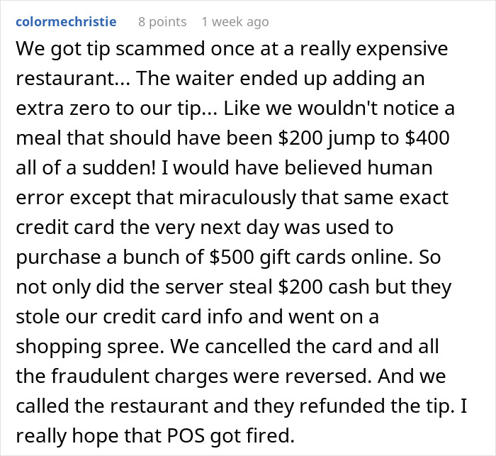 Text about a cashier giving himself a stealth tip, adding an extra zero to a tip, causing credit card fraud.