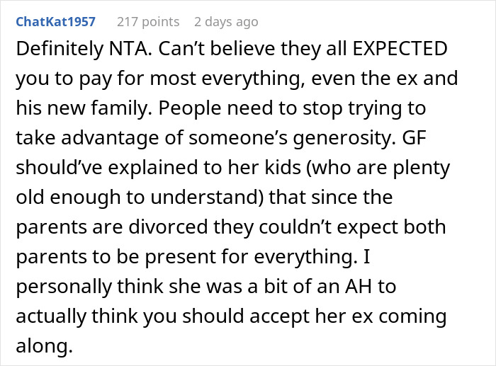 Comment criticizing GF for expecting BF to fund Disney trip for her kids and ex's family.
