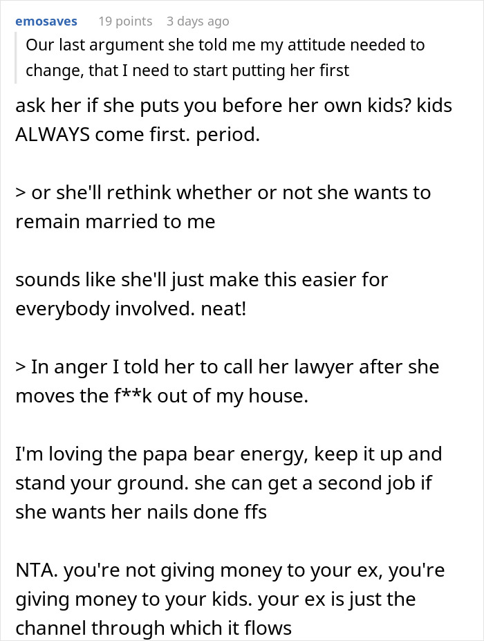 Reddit post discussing wife demanding husband stop giving money to ex for child support.