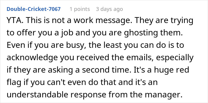 Reddit comment discussing getting fired before starting due to weekend message misunderstandings.