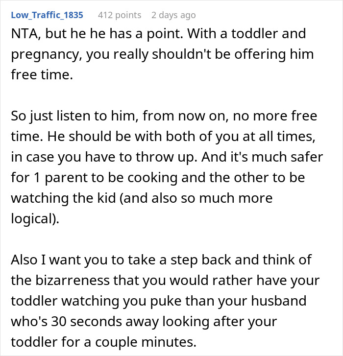 Reddit comment discussing toddler care and responsibilities with a pregnant wife and husband.