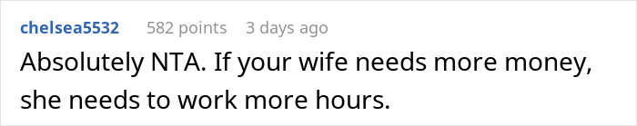 Reddit comment supporting husband giving money to ex for kids, suggesting the wife work more hours if needed.