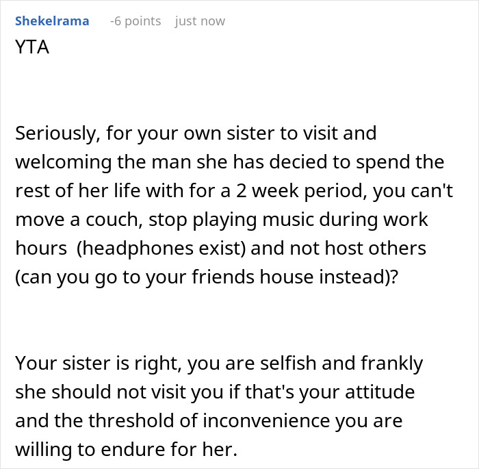 Comment criticizing couple's unreasonable apartment rules for sister visit.