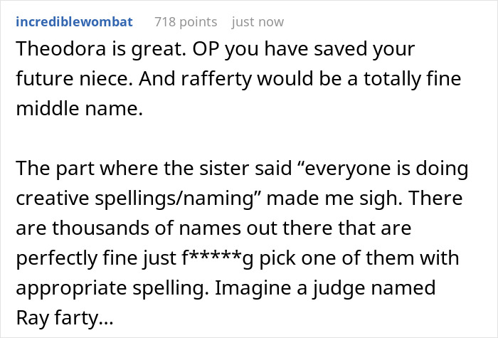 Reddit comment discussing name choices and creative spellings with humorous critique. Reddit comment discussing name choices and creative spellings with humorous critique.