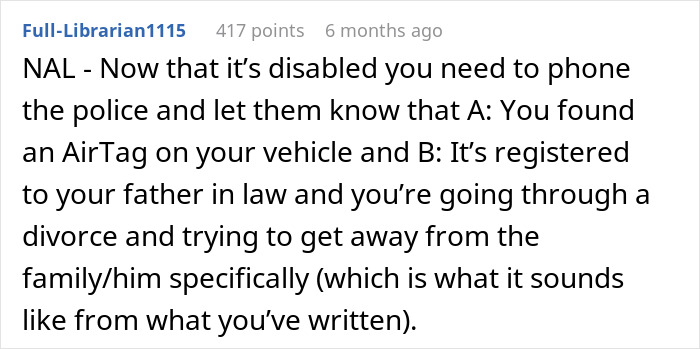 A message discussing finding an AirTag during divorce, linked to ex-father-in-law. A message discussing finding an AirTag during divorce, linked to ex-father-in-law.
