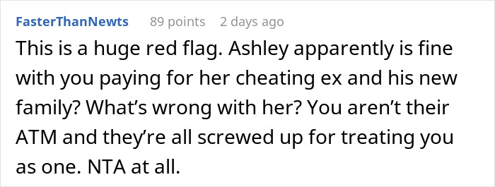 Comment discussing a situation where a girlfriend expects her boyfriend to pay for her kids and ex&rsquo;s family trip to Disney.