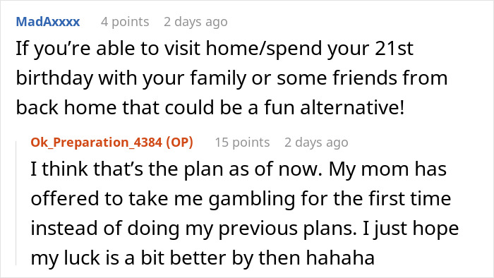 Text exchange discussing birthday plans, including family visits and gambling as alternatives.