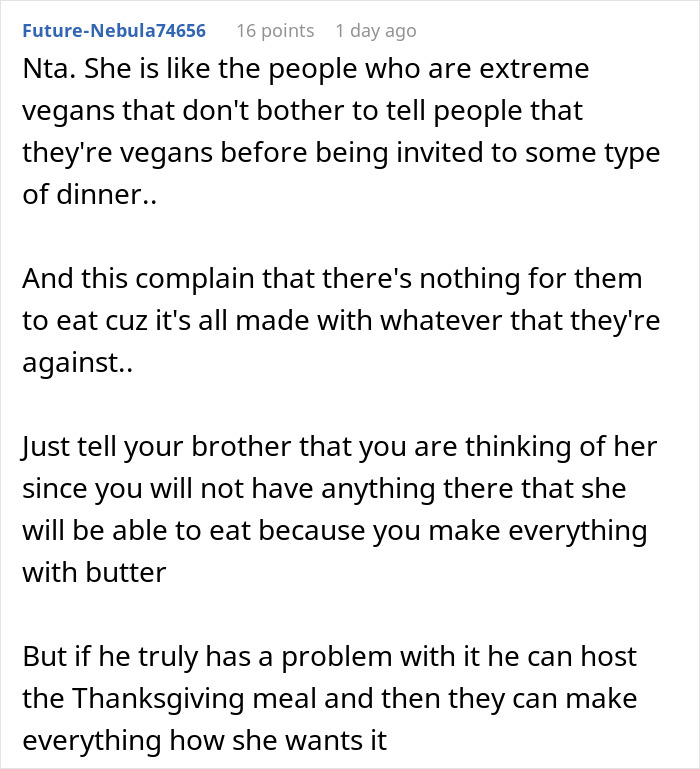Text exchange about a woman not inviting her brother's girlfriend to Thanksgiving because of dietary issues and eye-rolling. Text exchange about a woman not inviting her brother's girlfriend to Thanksgiving because of dietary issues and eye-rolling.
