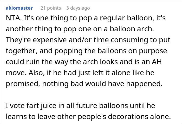 Comment discussing using fart spray as a prank deterrent for balloon popping. Comment discussing using fart spray as a prank deterrent for balloon popping.