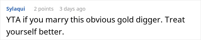Comment advises against marrying for financial reasons, mentioning a "gold digger.