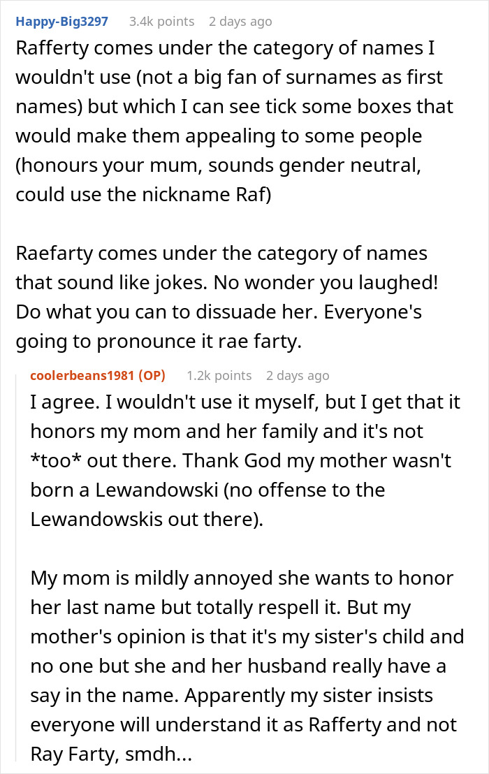 Text exchange about baby names and their potential for bullying. Text exchange about baby names and their potential for bullying.