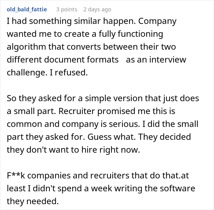 Text post about recruiter regrets ghosting candidate after coding assignment request.