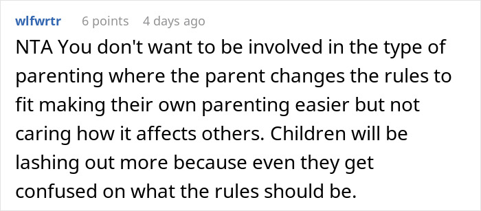 Text comment on a parenting forum discussing issues when parents change rules, leading to kids acting out.