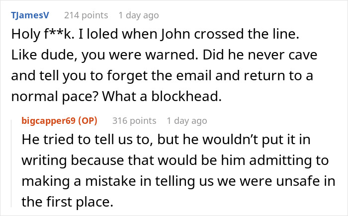 Screenshot of a Reddit thread discussing working too fast and malicious compliance. Screenshot of a Reddit thread discussing working too fast and malicious compliance.