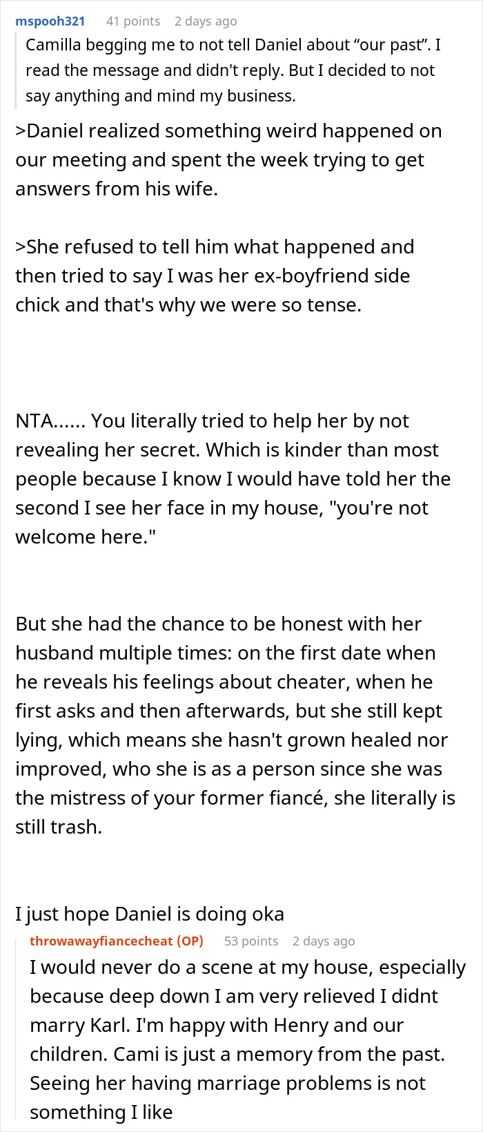 Reddit discussion about a woman revealing past infidelity to a mistress's new husband.