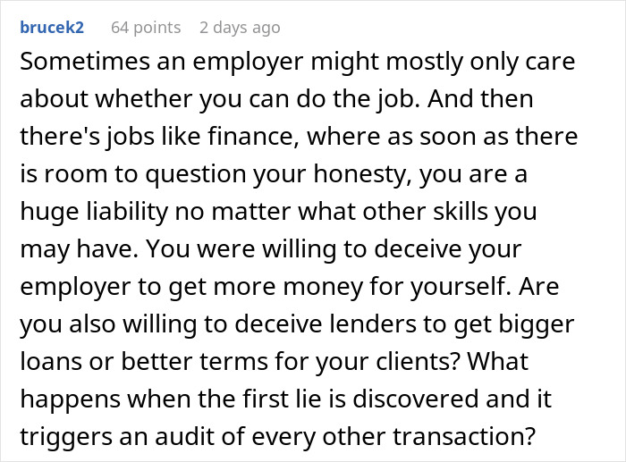 Discussion on the ethics of honesty in finance job applications.