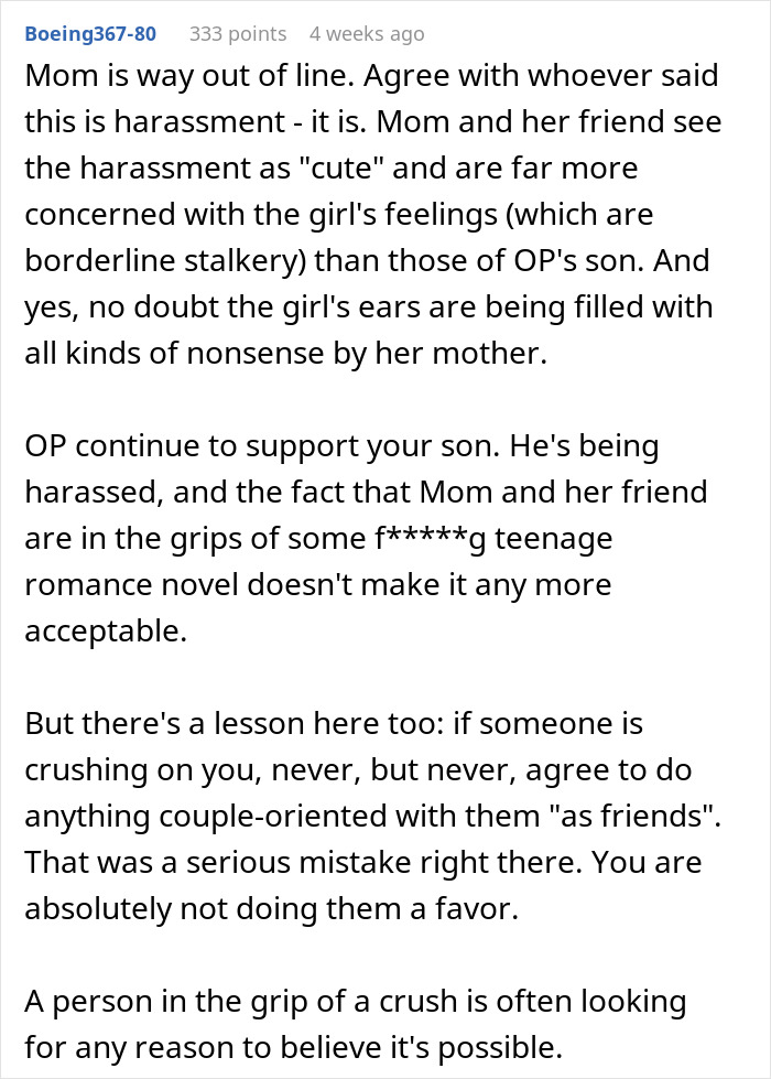 Text comment discussing dad's support for his son's choice, addressing parenting and relationship drama.