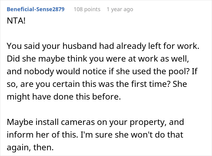 Reddit comment discussing mom using a pool without permission, suggesting installing cameras for security. Reddit comment discussing mom using a pool without permission, suggesting installing cameras for security.