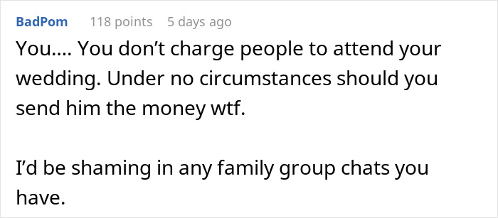 Text screenshot expressing disbelief over being charged $115 for attending a wedding.