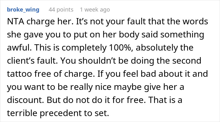 Text comment discussing a tattoo mishap and client responsibility.