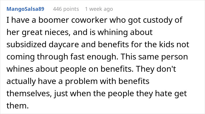 Boomer complains about others getting benefits in a Reddit post, showing irony in personal situation.