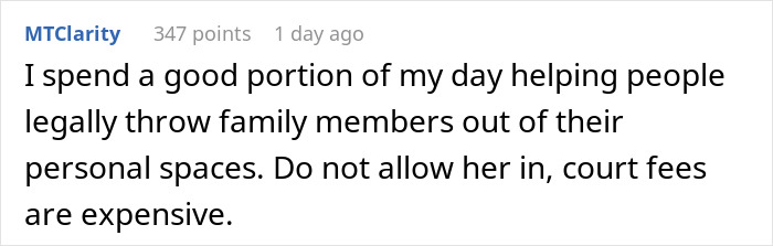 Text comment about family legal advice on eviction and high court fees.